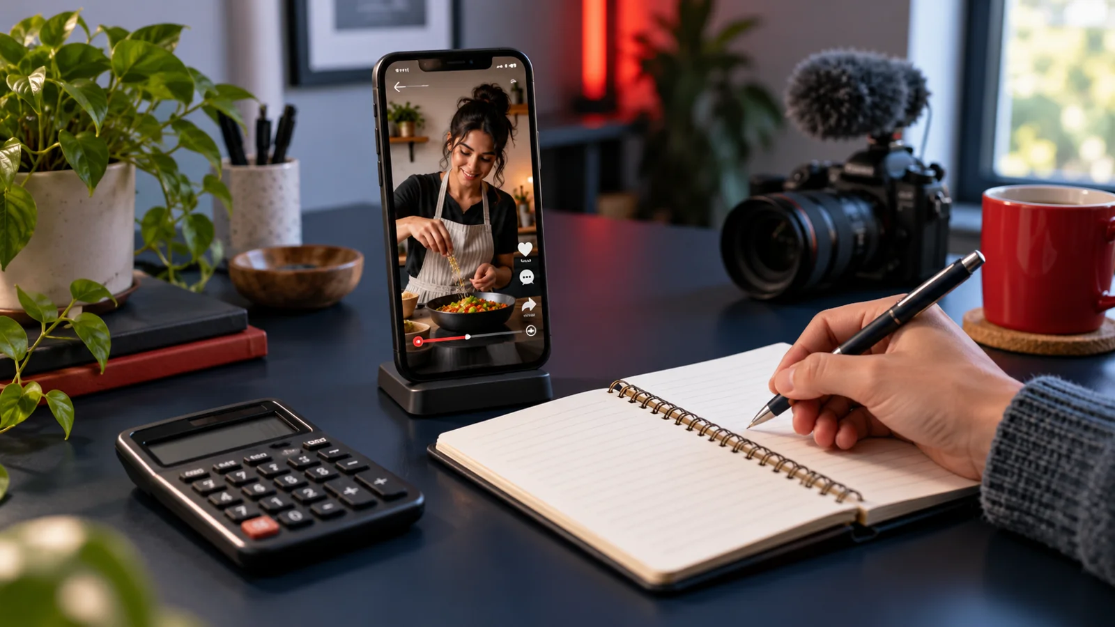 Illustration of a creator planning YouTube Shorts earnings with a phone, calculator and view chart.